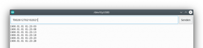 Screenshot des seriellen Monitors der Arduino IDE: Senden des Zeitstempels &quot;T002612702102021&quot; über die Eingabezeile.