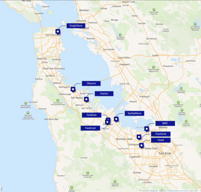 Die Standorte der Firmen erstreckten sich über das gesamte Gebiet der San Francisco Bay Area (Abb. 1)., OpenStreetMap/uMap