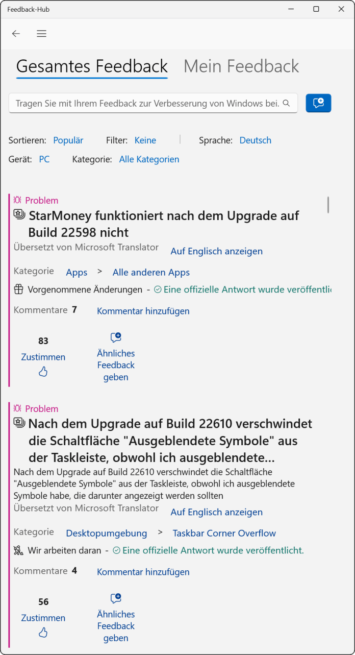 Die Feedback-App eignet sich nicht nur, um Vorschläge loszuwerden und Probleme zu melden, sondern auch, um von anderen gemeldete Fehler zu bestätigen.,