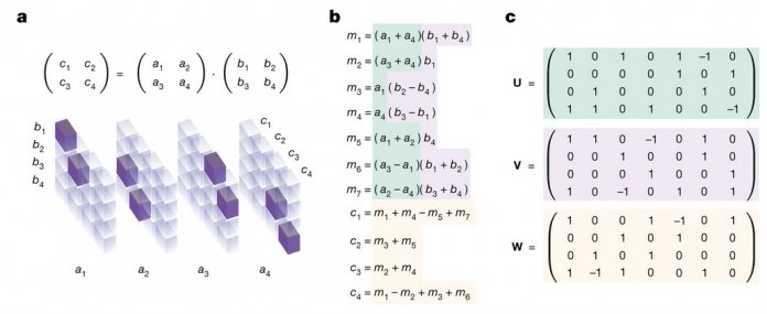 a, Tensor T2 representing the multiplication of two 2 × 2 matrices. Tensor entries equal to 1 are depicted in purple, and 0 entries are semi-transparent. The tensor specifies which entries from the input matrices to read, and where to write the result. Fo