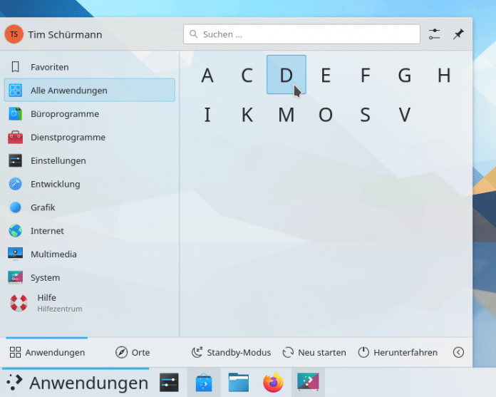 KDE Plasma 5.26 Kickoff-Startmenü