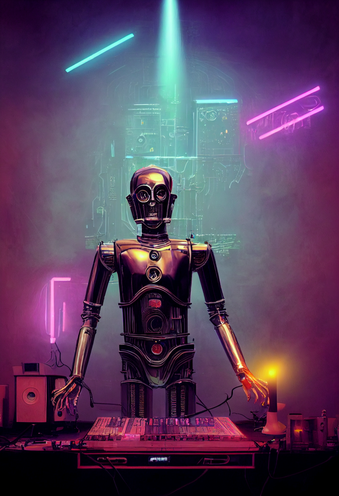 Midjourney: &quot;C3PO the robot god of music production wielding the magic&quot;. Haben Sie's gesehen? Dieses Bild illustriert einen Artikel in Heft 23., 