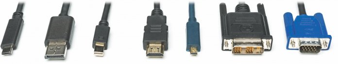 Moderne Monitore schließt man per USB-C, DisplayPort oder HDMI an. DVI stirbt aus, einige Displays besitzen noch analoge VGA-Anschlüsse (von links: USB-C, DP, Mini-DP, HDMI, Mini-HDMI, DVI, VGA)., 