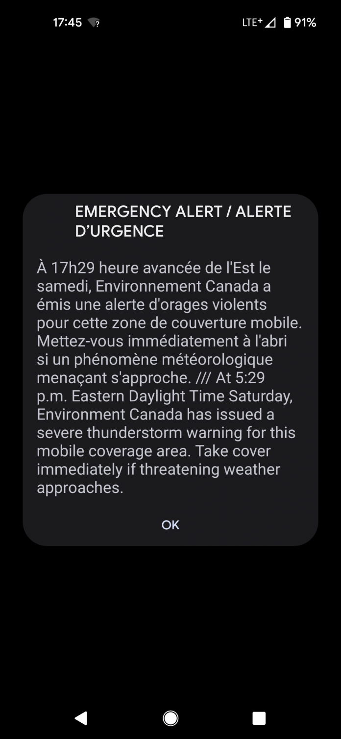 EMERGENCY ALERT / ALERTE D'URGENCE  À 17h29 heure avancée de l'Est le samedi, Environnement Canada a émis une alerte d'orages violents pour cette zone de couverture mobile. Mettez-vous immédiatement à l'abri si un phénomène météorologique menaçant ...
