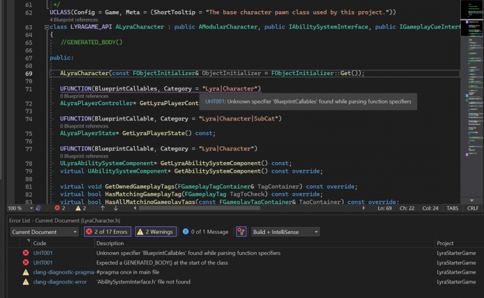 Visual Studio 2022 17.6 Preview 2: Fehlermeldungen in Verbindung mit der Unreal Engine erscheinen im Editor farblich hervorgehoben sowie in der Error-Liste.
