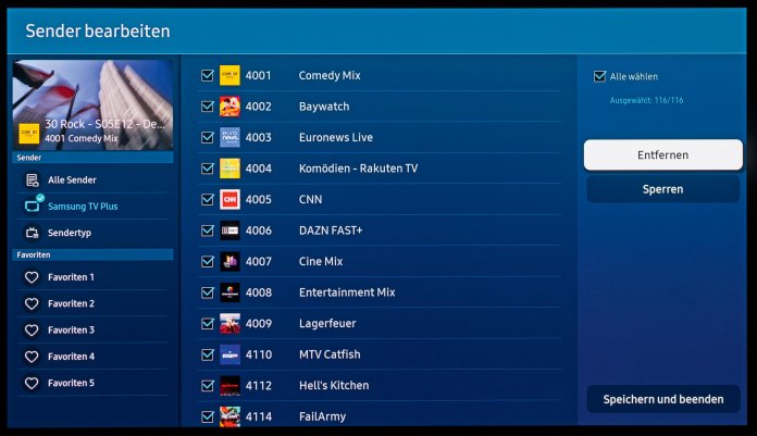 Im Menü zur Senderkonfiguration können Sie Samsungs werbefinanzierte TV-Plus-Programme vom Fernseher verbannen., 