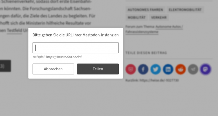 Screenshot von heise online der einen Modal-Dialog für das Teilen auf Mastodon zeigt