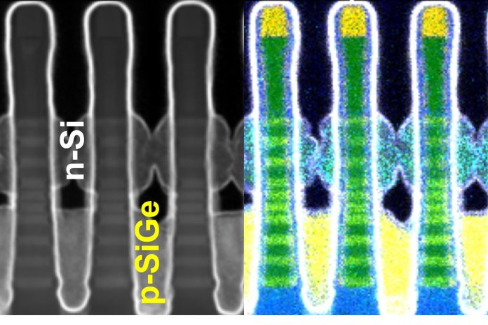Mikrografie eines Schnitts durch CFETs von Intel mit je drei dünnen TMD-Lagen pro Transistor.
