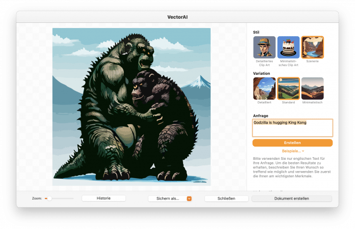 Von VectorAI generiert: Godzilla umarmt King Kong