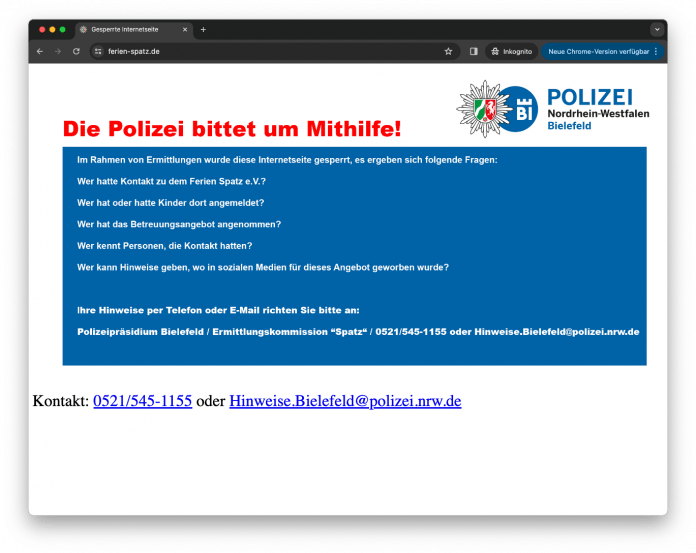Screenshot der Website &quot;ferien-spatz.de&quot; mit Fahndungsaufruf