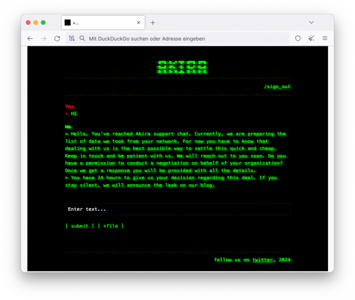 Screenshot des Darknet-Supportchats der Ransomware-Gruppe Akira