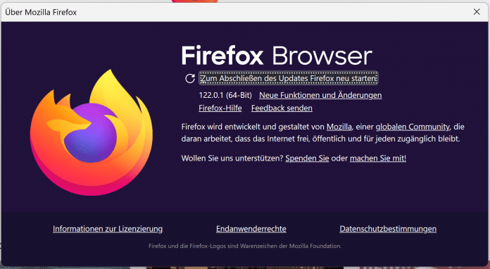 Firefox Versionsdialog mit Neustart-Aufforderung