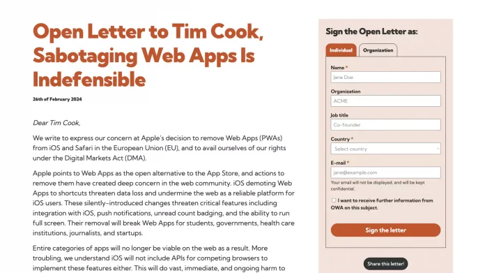 Offener Brief der Open Web Advocacy an Apple-CEO Tim Cook
