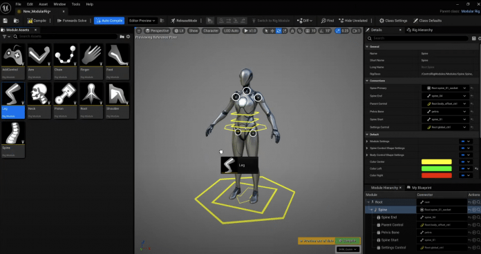 Screenshot aus dem Bearbeitungsprogramm Unreal Engine - das Schema einer Frauenfigur wird gerade mit Details versehen