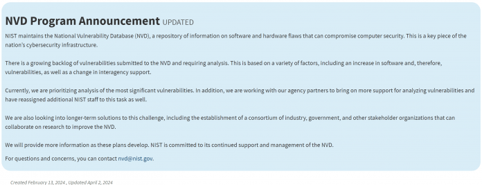 Aktualisierte Ankündigung des NIST zur NVD