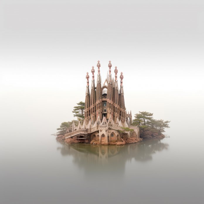 Die Sagrada Familia ist eine der berühmtesten Kirchen der Welt und das Hauptwerk des katalanischen Architekten Antoni Gaudí. Mithilfe eines KI-Bildgenerators versetzt der Fotograf eine Variante der modernistischen Basilika auf eine einsame Steininsel mitten im Meer., Ronny Behnert