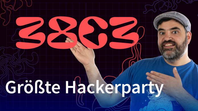 38C3-Logo - Text: Größte Hackerparty - Keywan mit präsentierender Geste