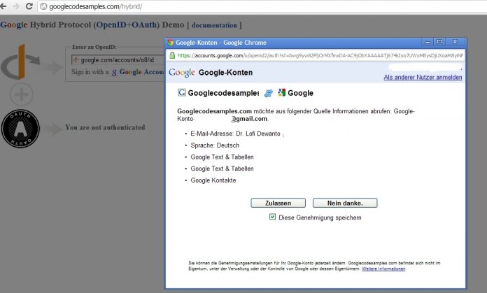 Screenshot: Kombination aus OpenID und OAuth (Step2-Protokoll) in Plaxo und Google