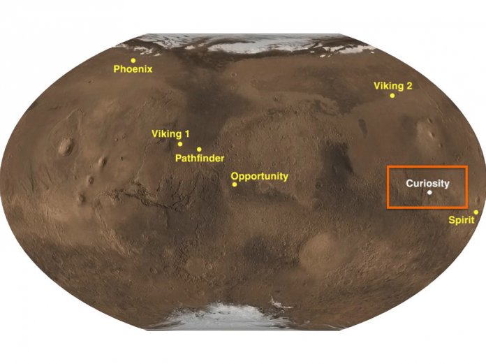 Die Landeplätze der US-Mars-Mission von 1976 bis heute.