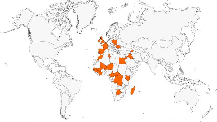 Weltkarte mit Orange-Ländern
