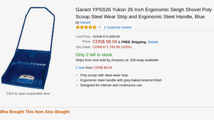 Screenshot amazon.ca: Schneeschaufel statt CDN$ 671,888.00 nur CDN$ 98.04