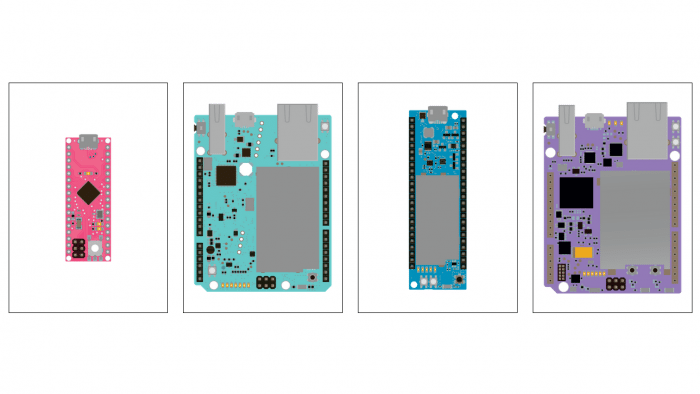 Bunte schematische Zeichnungen von Mikrocontrollerboards in pink, türkis, grün und lila