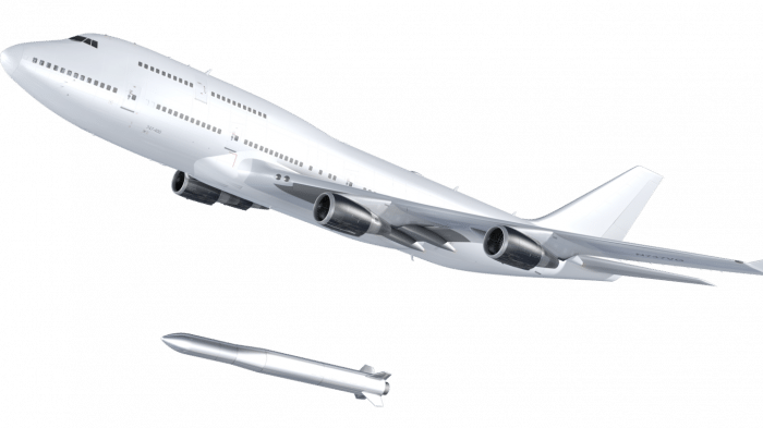 Zeichnung einer weißen Boeing 747 und darunter einer gerade ausgeklinkten Rakete