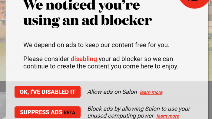 Salon: Ad-Blocking deaktivieren oder Rechenleistung für Crypto-Mining