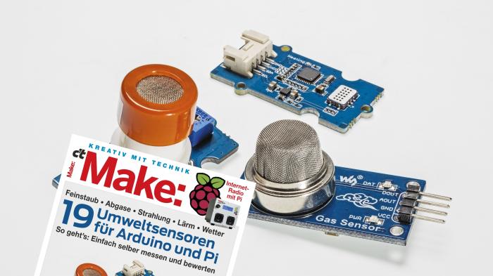 Cover der Make neben drei Umweltsensoren.