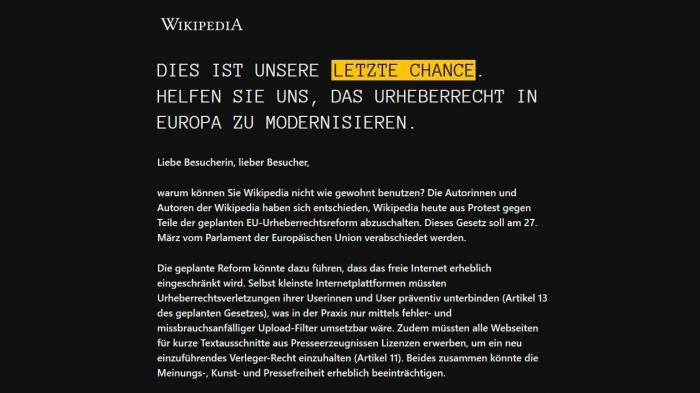 Protest gegen EU-Urheberrechtsreform: Deutschsprachige Wikipedia offline für einen Tag