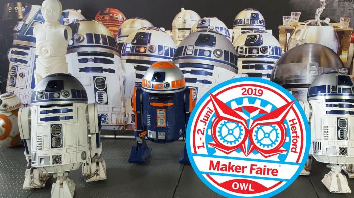 Logo Maker Faire OWL 2019 neben R2-D2.