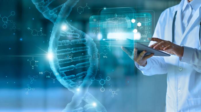 Medicine,Doctor,Touching,Electronic,Medical,Record,On,Tablet.,Dna.,Digital