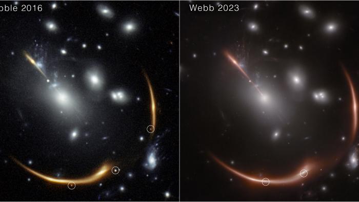 ZWei Bilder gebogener Galaxien mit Kreisen, die Supernovae markieren.