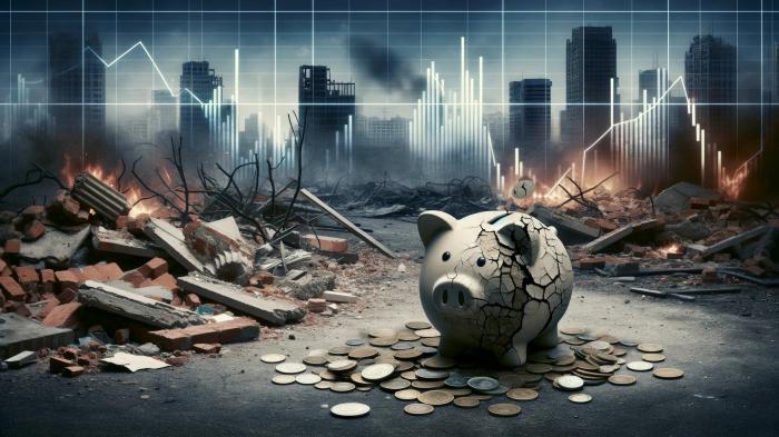 Ökonomische Schäden durch Krieg mit zerbrochenem Sparschwein