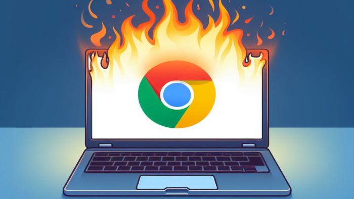 Stilisierte Grafik: Brennendes Google-Chrome-Logo auf einem Laptop
