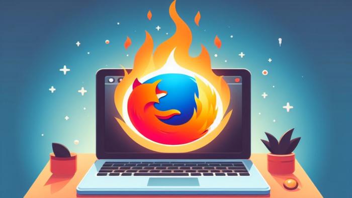 Stilisierte Grafik: Brennendes Firefox-Logo auf einem Laptop