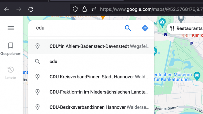 Google Maps gendert die CDU-Bezirksverbände und mehr. ​