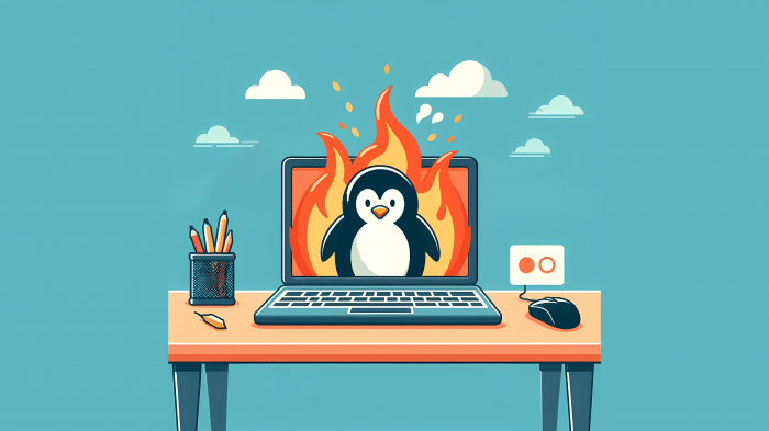 Stilisiertes Bild: Laptop zeigt brennenden Pinguin