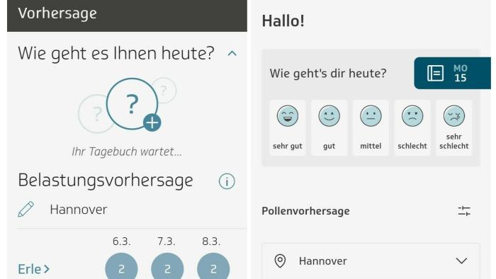 Zwei Screenshots aus der Husteblume-App der Techniker Krankenkasse: links die alte Version, rechts die neue.