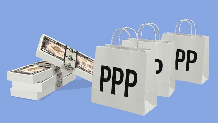 Dollar-Bündel und Einkaufstüten mit Aufdruck "PPP"