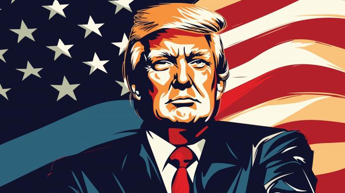 Porträt von Donald Trump vor US-Flagge