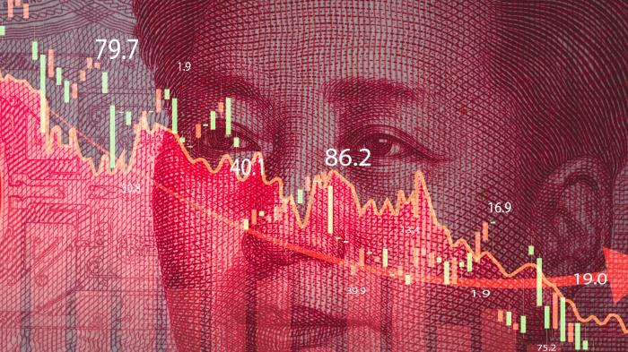 Nahaufnahme von Mao Tse Tung auf Yuan-Banknote mit einer Börsendiagramm für Devisenbörse