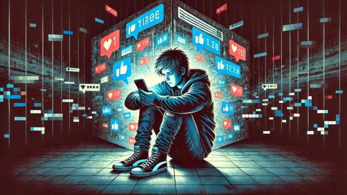 KI generierte Illustration: ein Junge sitzt alleine mit seinem Smartphone im Dunkeln, um ihn herum Symbole von Sozialen Medien