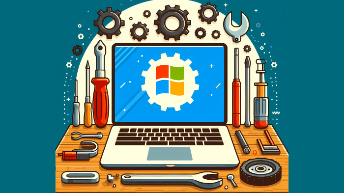 Stylized image: A laptop with Windows logo on a workbench, surrounded by tools and bicycles