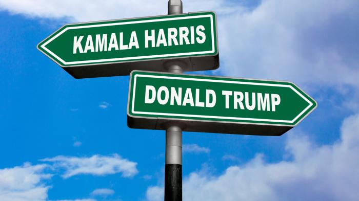 Schilder die in verschiedene Richtung zeigen auf denen Kamala Harris und Donald Trump steht