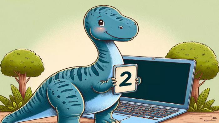 Dinosaurier hält die Zahl 2, dahinter ein Laptop
