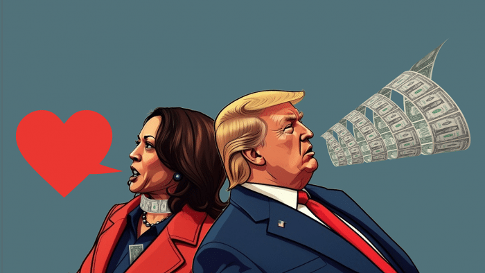 Kamala Harris mit Dollarscheinen staffiert und Herz-Sprechblase; Donald Trump mit Flüstertüte aus Dollarnoten