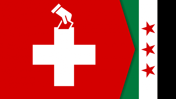 Kreuz auf Schweizer Flagge als Wahlurne, Pfeil aud die neue syrische Flagge