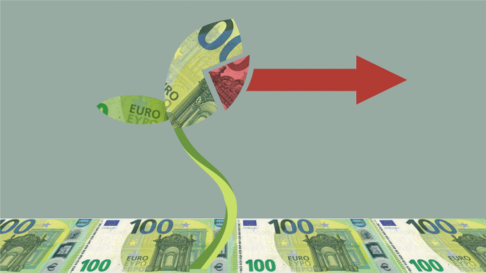 Aus einem 100-euro-Schein-Beet wächst ein ebensolches Pflänzchen, dem ein Segment entnommen wird