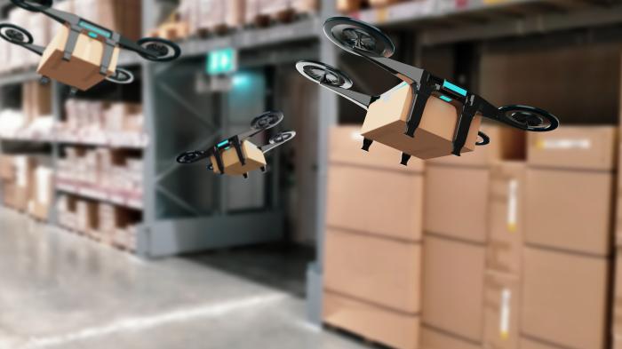 Autonome Drohnenroboter, die im Lagerverkehr fliegen, mit künstlicher Intelligenz und MiFly-Navigationssystem.
